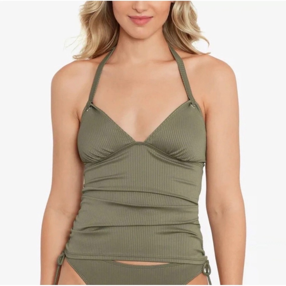 Salt + Cove Women Olive Green Ribbed‎ Halter Tankini Top Size M New